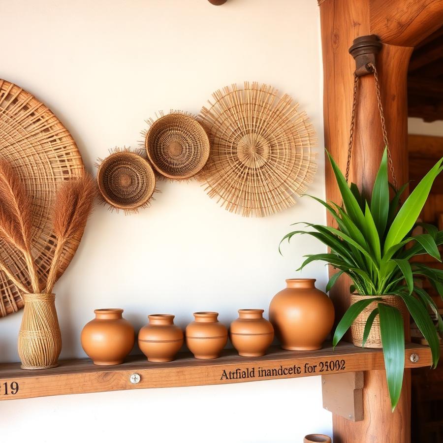 Woven bamboo and clay pot display