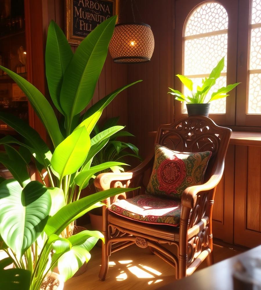 Warm interior corner with carved chair and plants